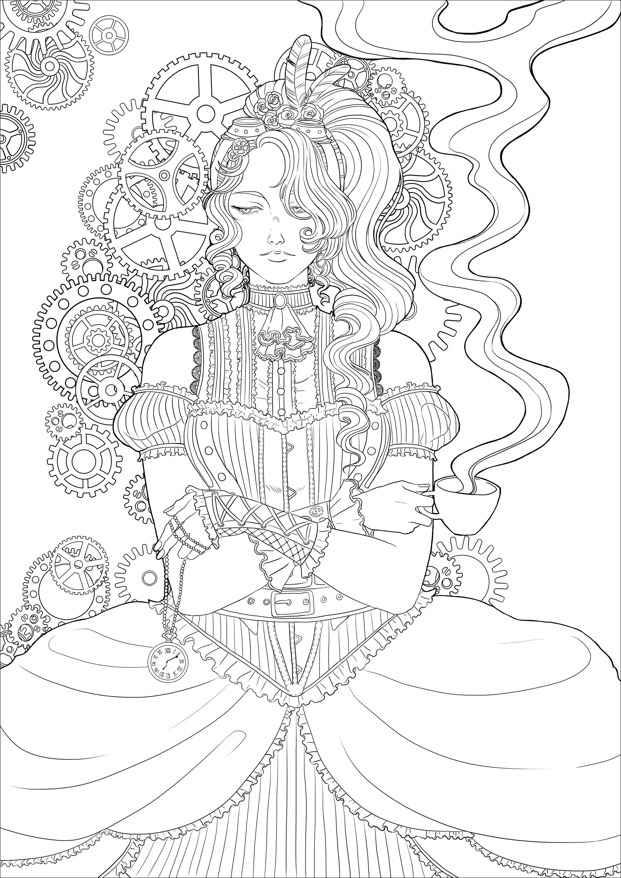 Steampunk woman with coffee - Vintage Adult Coloring Pages