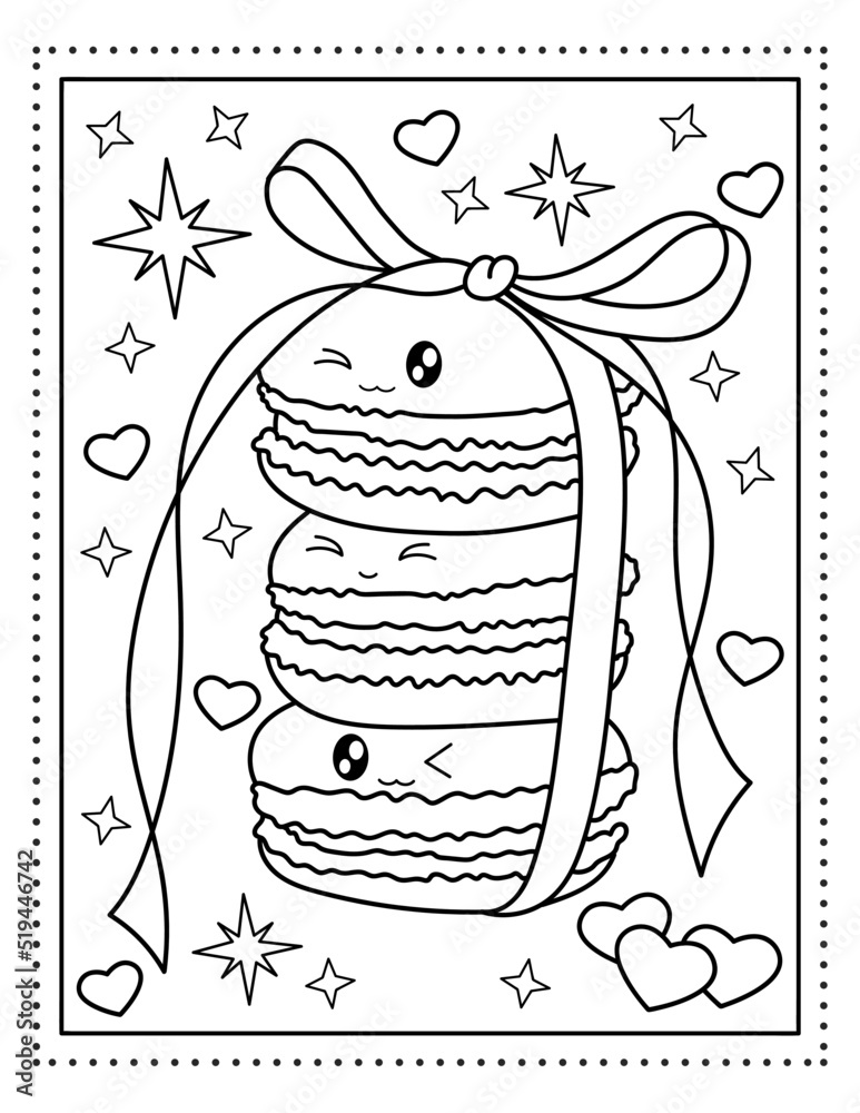 Macarons with a ribbon and a bow. Kawaii coloring book. Sweets. Coloring  book. Black and white illustration. Stock Vector | Adobe Stock
