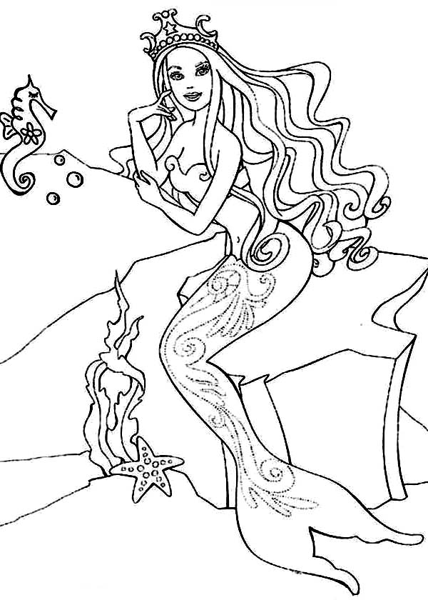 Barbie Princess in the Sea Talking to Sea Horse Coloring Page ...
