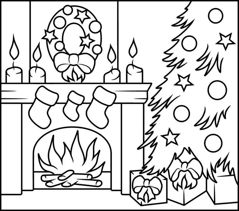Christmas Fireplace - Printable Coloring Page | Christmas coloring ...