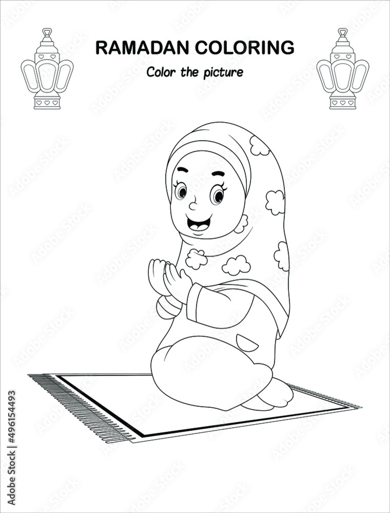 A Muslim girl in Hijab cartoon Ramadan Children Coloring book pages ,  Islamic month ramadan worksheet ,Sketch outline black and white pages .  Kids education. Vector illustration Stock Vector | Adobe Stock