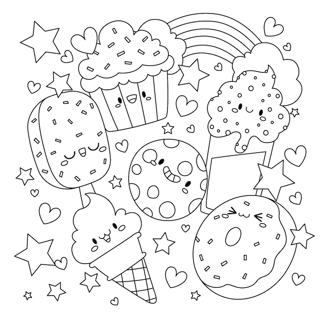 Kawaii Food Mini Coloring Page Vectors ...