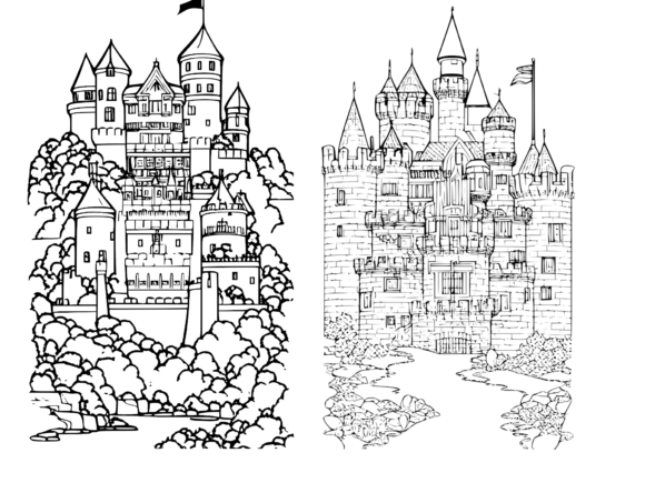 4 Coloring Pages 'castle on Hill' Graphic by MMcatsdesign · Creative Fabrica