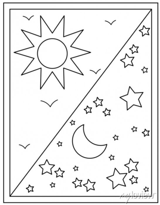 Day night coloring page vector in hand drawn design • wall stickers  pattern, black, holiday | myloview.com