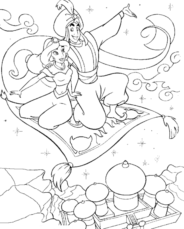 Aladdin and Jasmine Flying on River Coloring Page | Kids Coloring Page