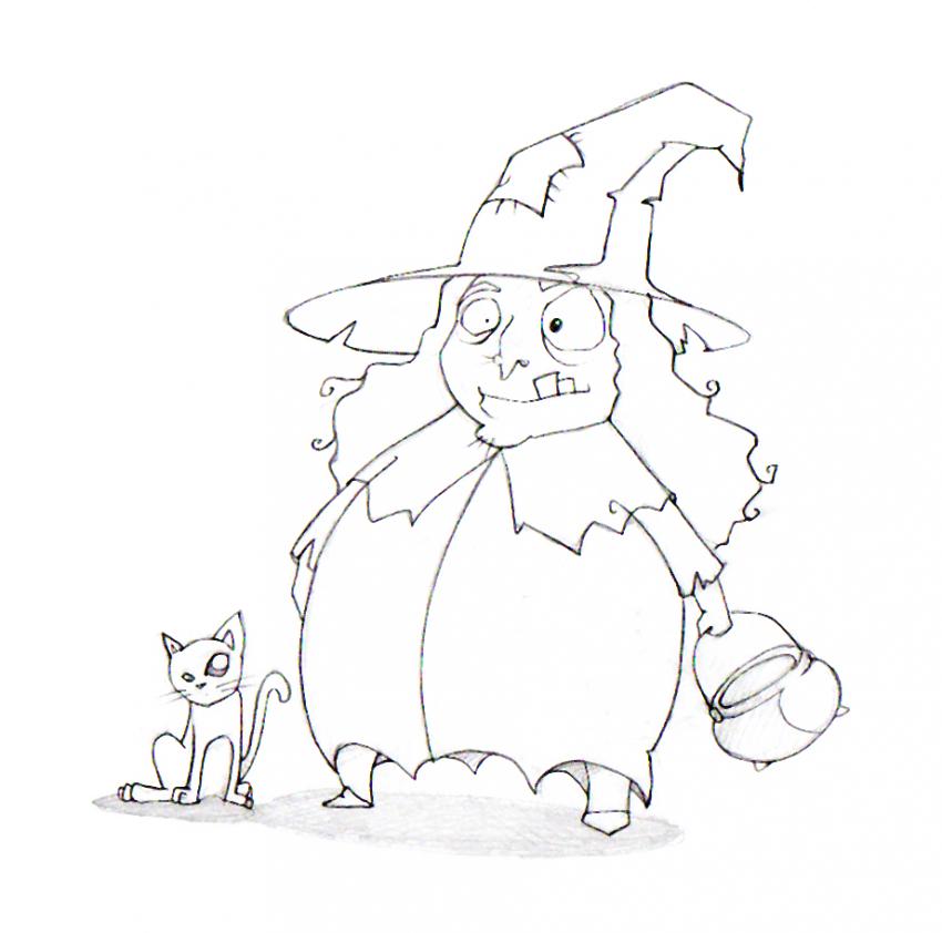 WITCH coloring pages - Black cat and witch