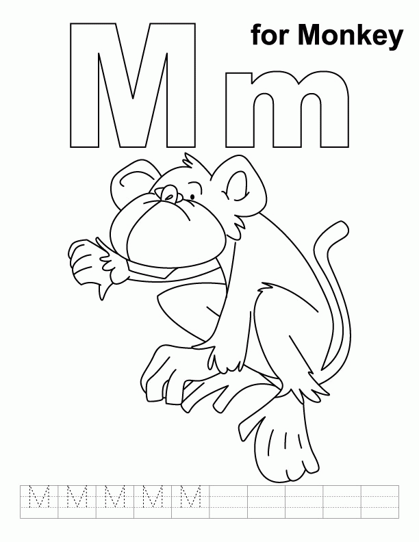 M for monkey coloring page with handwriting practice | Download 