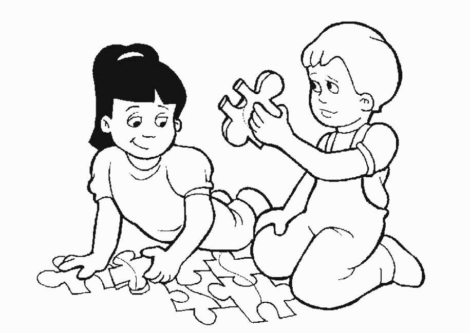 Kids Play Puzzle Kindergarten Coloring Pages - Kindergarten Day 