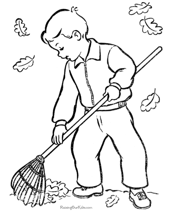 Girl Raking Leaves - Fall Coloring Pages : Coloring Pages for Kids 
