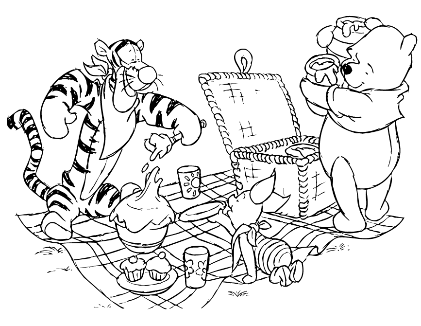 Winnie The Pooh Bear And Friends Picnic Coloring Page | HM 