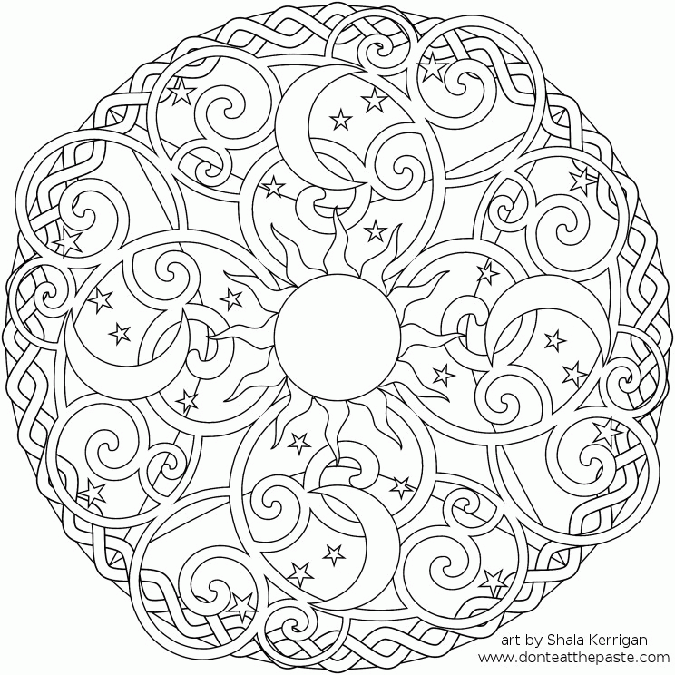 Free Mandala Coloring Page with the Sun, Moons and Stars