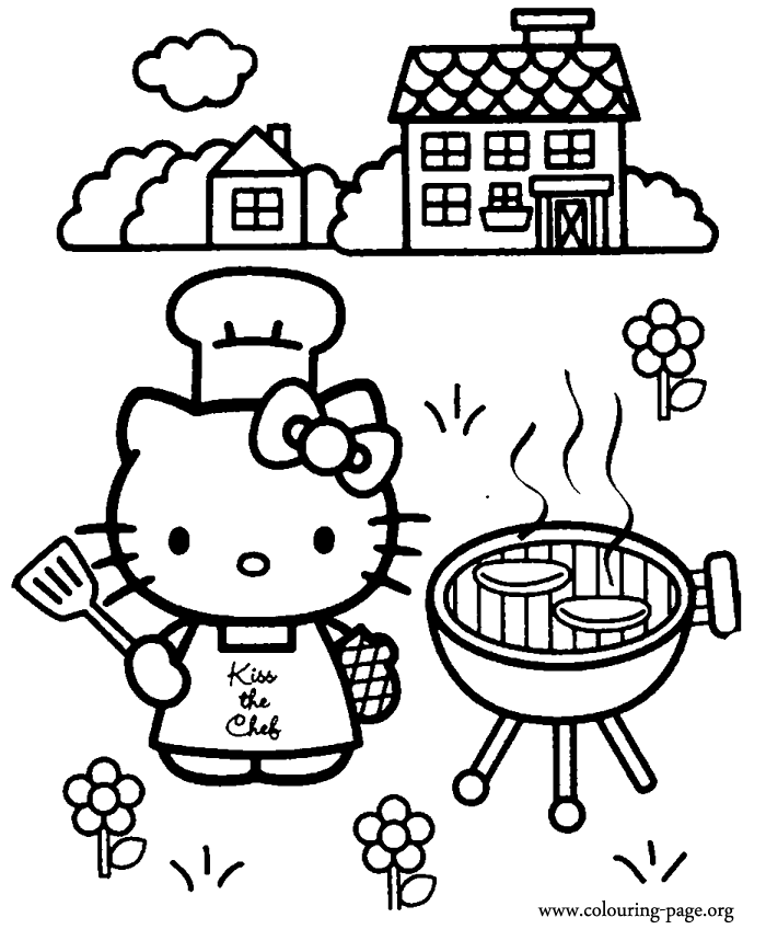 Hello Kitty - Hello Kitty is cooking a barbecue coloring page