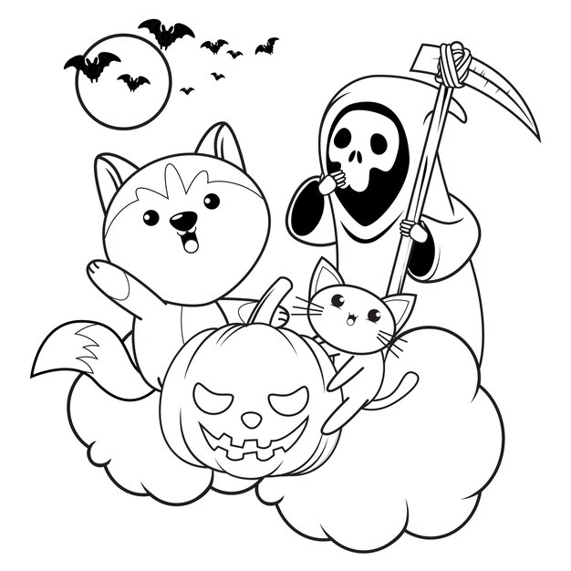 Premium Vector | Halloween coloring book with cute husky23