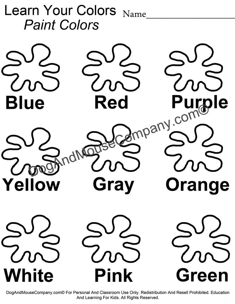 Learn Your Colors Paint Splash Coloring Page Worksheet Printable Digit —  Dog And Mouse Company