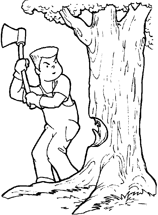 Coloring a lumberjack cuts down a tree with an ax picture