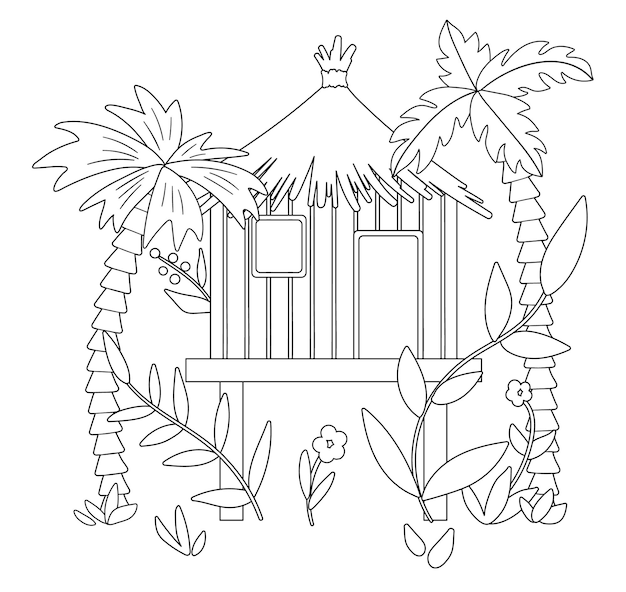 Premium Vector | Black and white illustration of jungle hoot with palm  trees and leaves. tropical bungalow on stilts sketch. cute funny exotic  house in rainforest. fun coloring page for kids