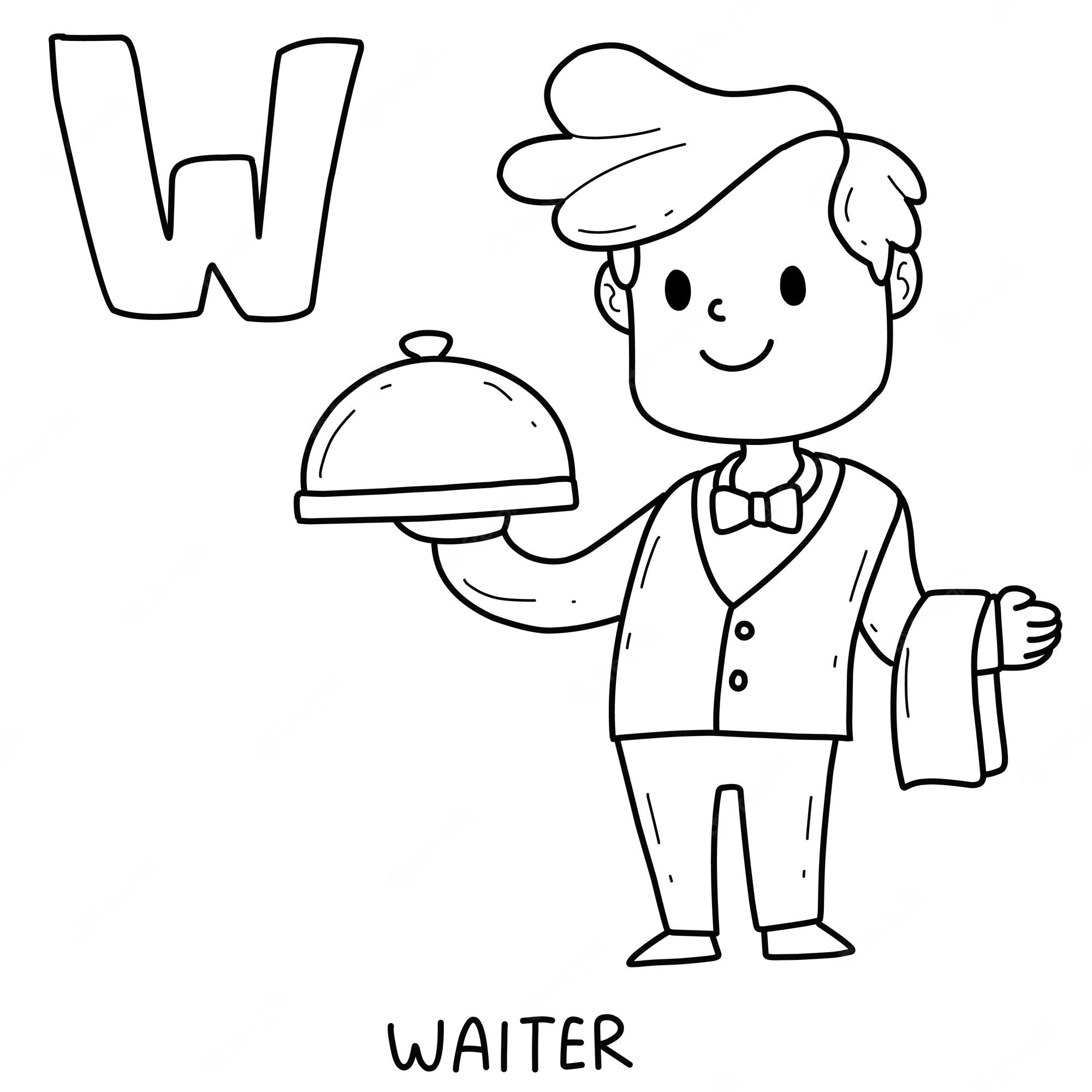 Premium Vector | Alphabet occupation waiter coloring book with word