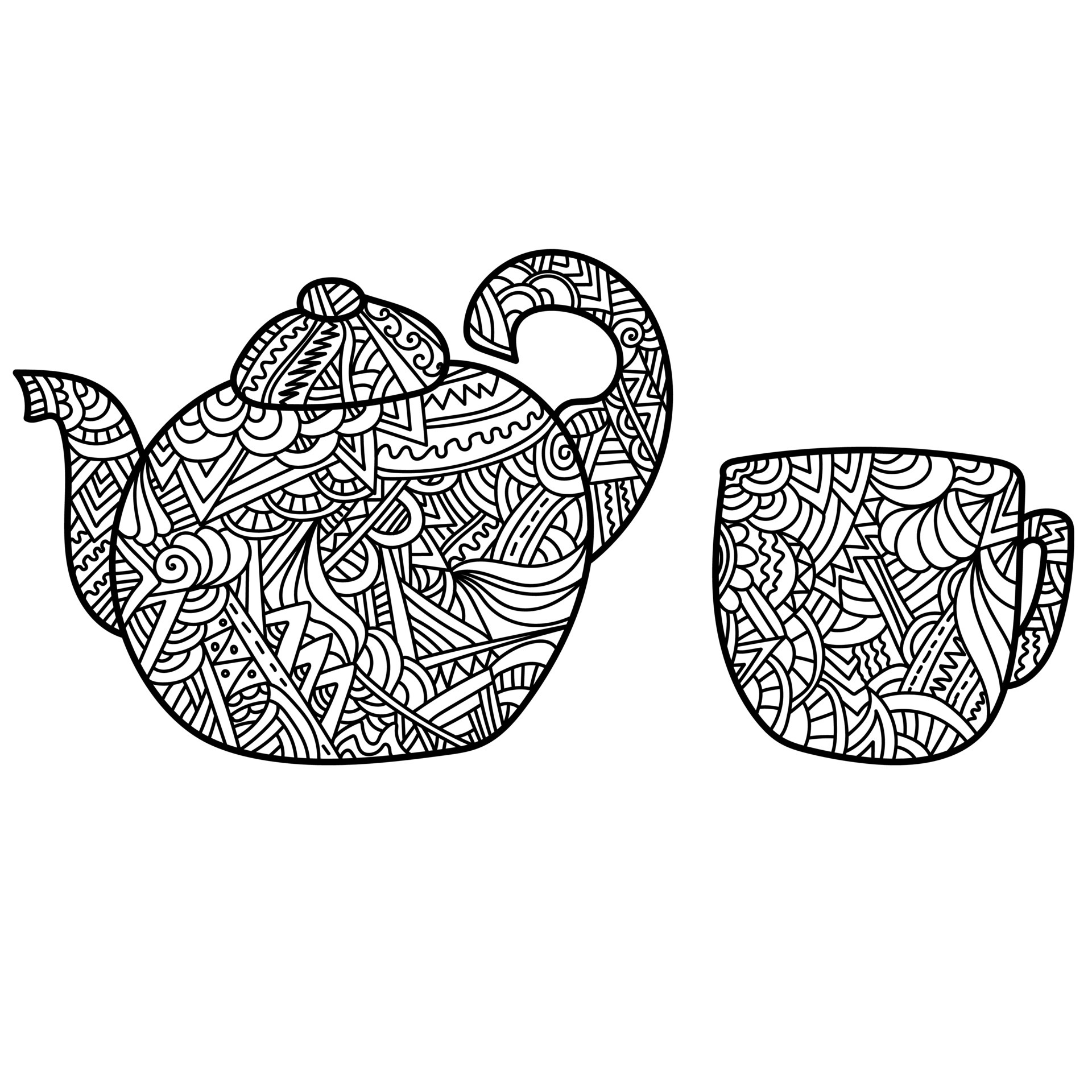 Cup and teapot with patterns, anti stress coloring page for adults, tea set  4863530 Vector Art at Vecteezy
