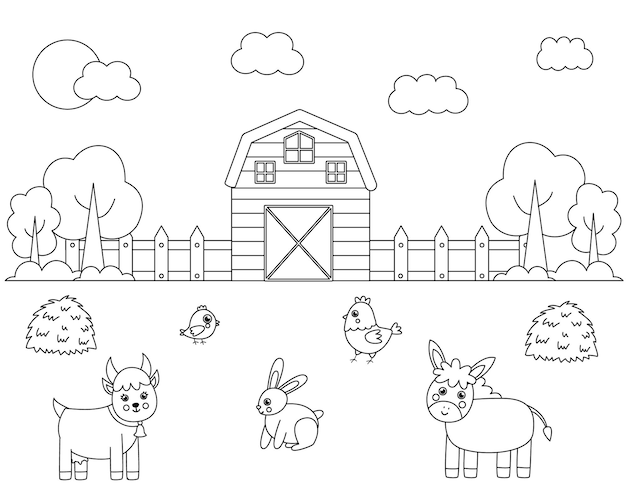 Premium Vector | Color farm landscape with cute animals educational coloring  page