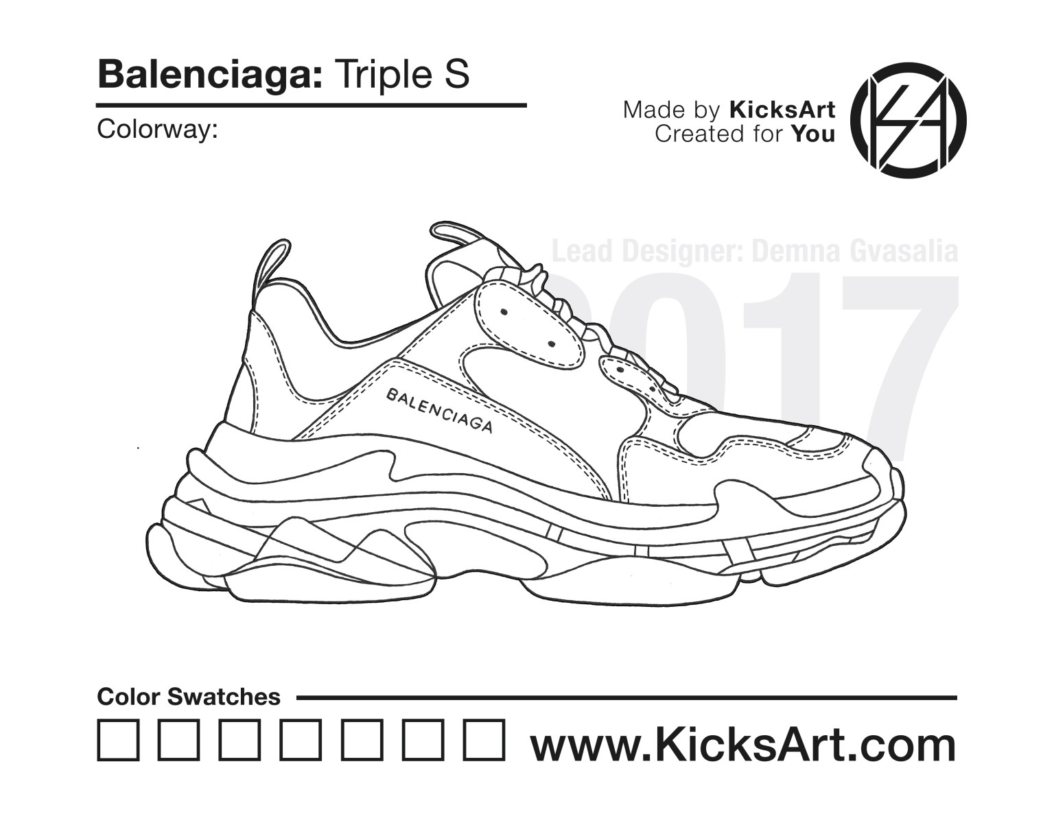 Balenciaga Triple S Sneaker Coloring Page - Created by KicksArt