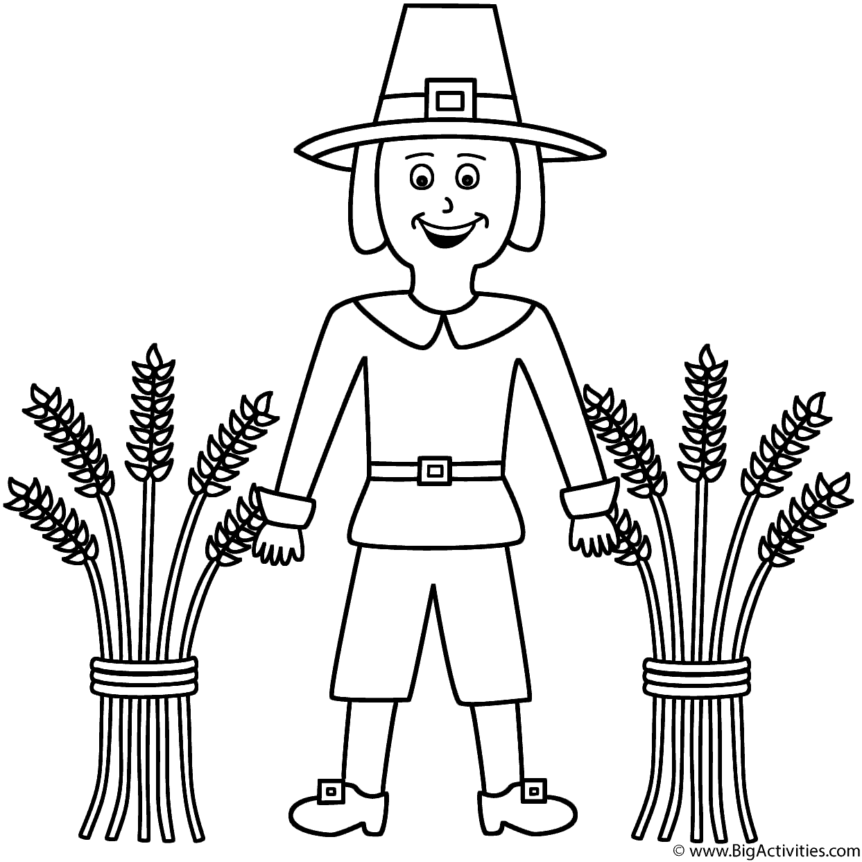 Pilgrim with wheat sheaves - Coloring Page (Thanksgiving)