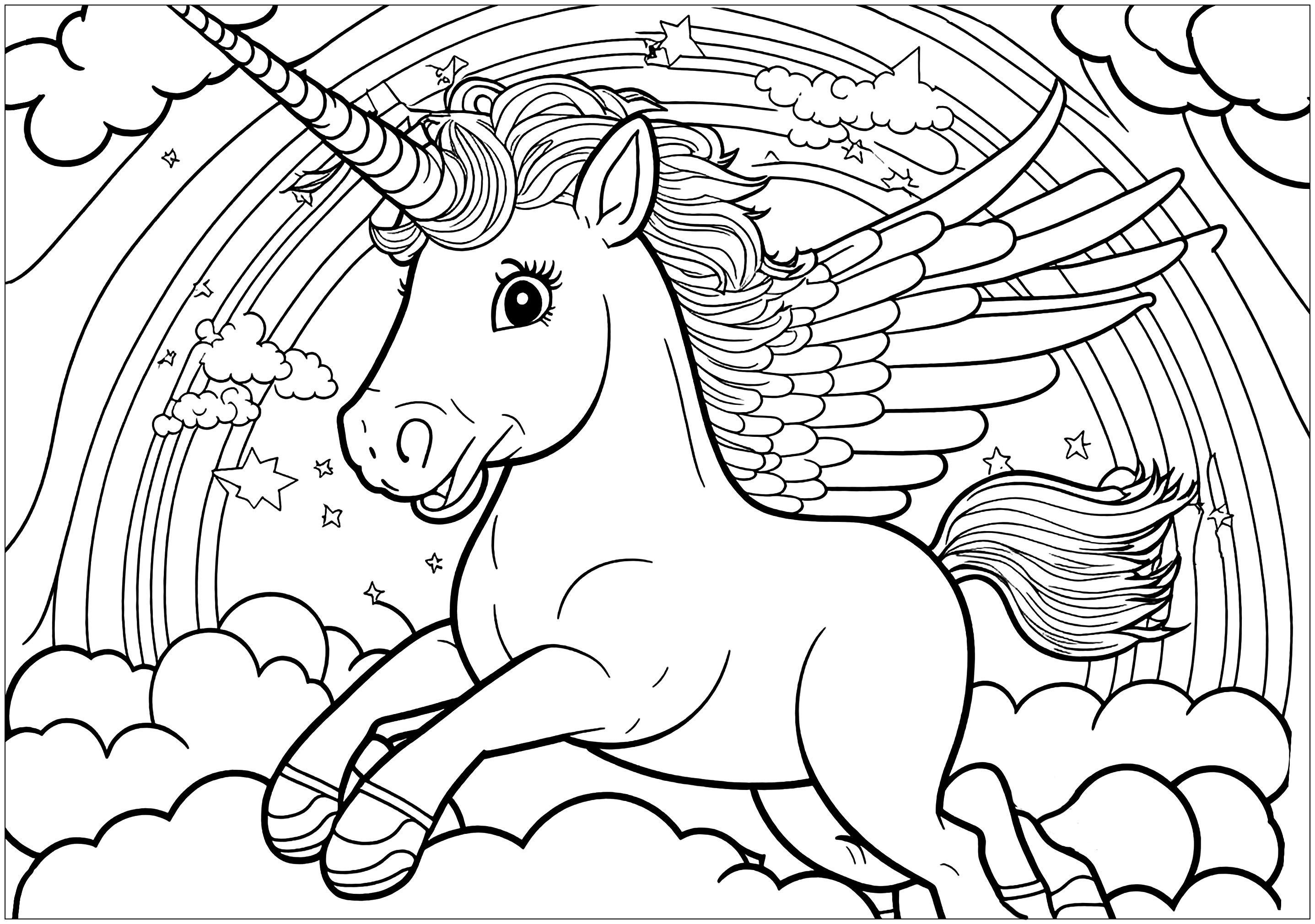 Unicorn in the sky with a rainbow - Unicorns Kids Coloring Pages