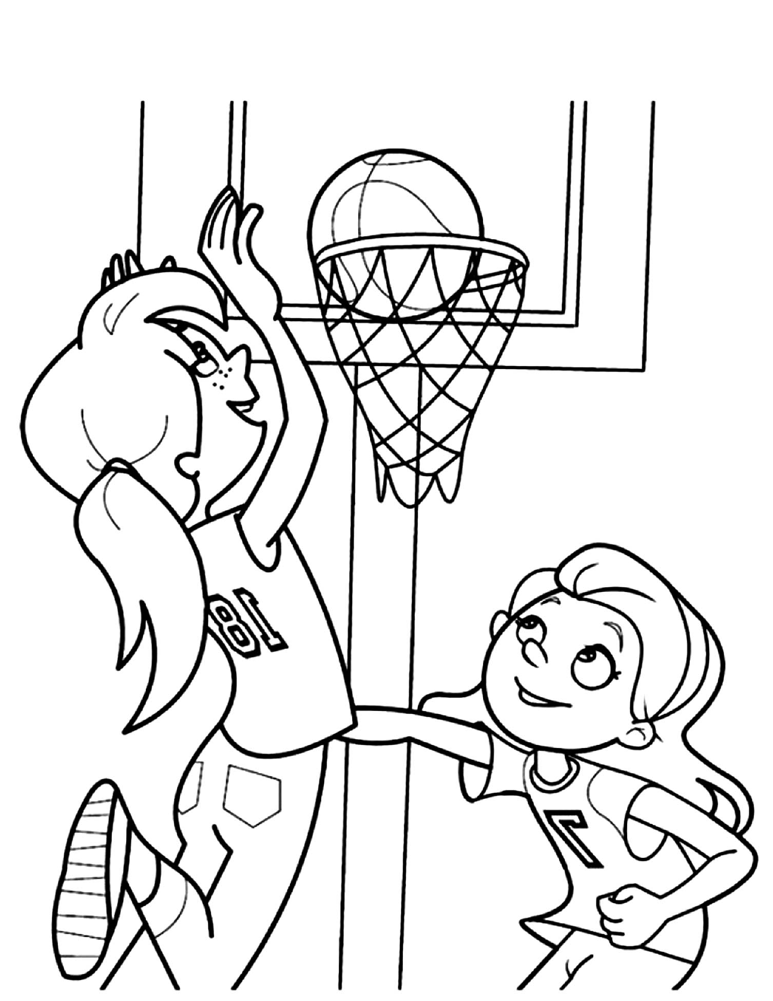 Girls Playing Basketball Coloring Page - Basketball Kids Coloring Pages