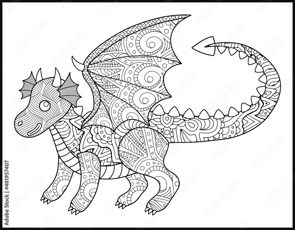 Zentangle dragon with mandala, coloring book for adults Stock Vector |  Adobe Stock