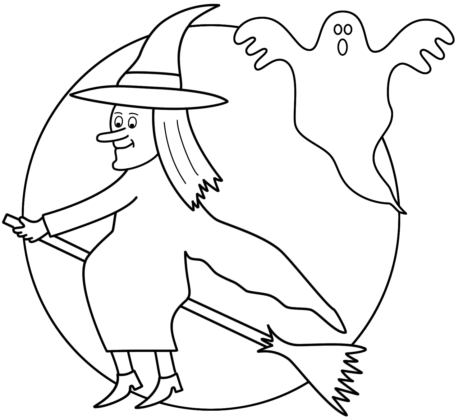 Witch on a broom with the moon and a ghost - Coloring Page (Halloween)