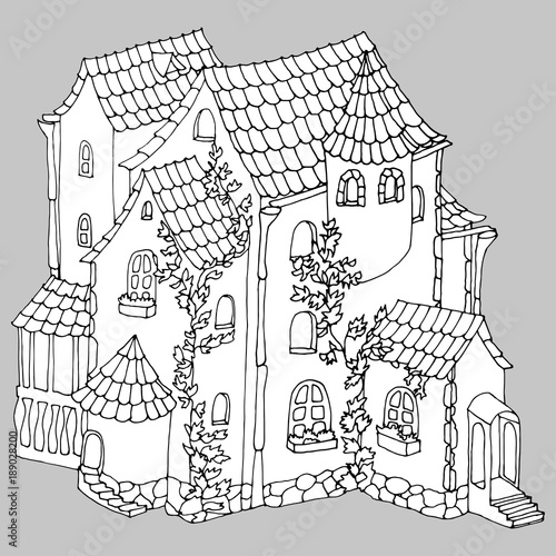 Fairy tale ancient brick house or mansion, graphic vector illustration ro coloring  pages or other. Stock Vector | Adobe Stock