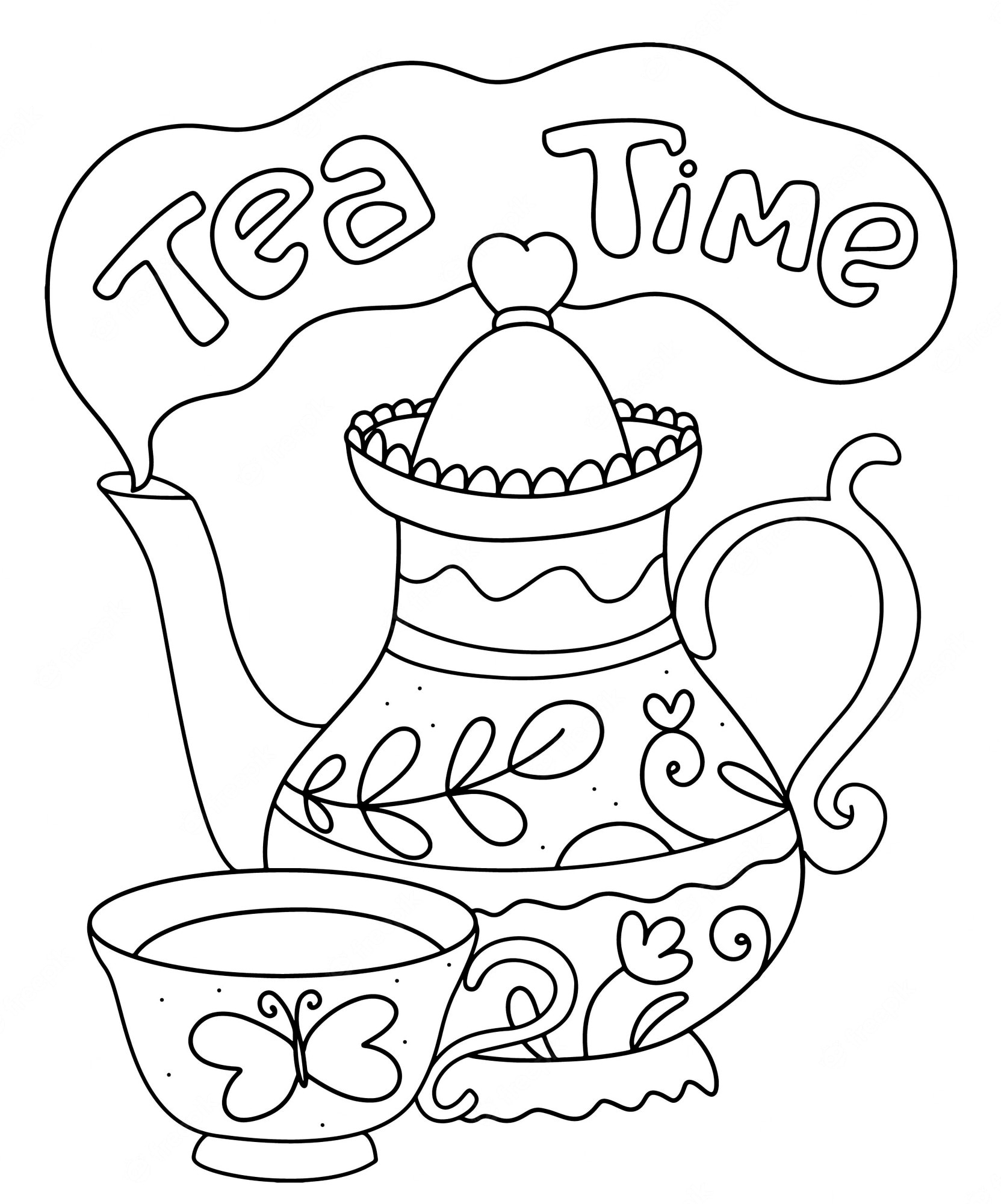 Premium Vector | Tea time coloring page. doodle kettle, cup, tea.