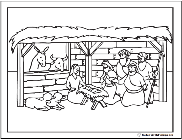 Christmas Nativity Coloring Page: Stable Scene