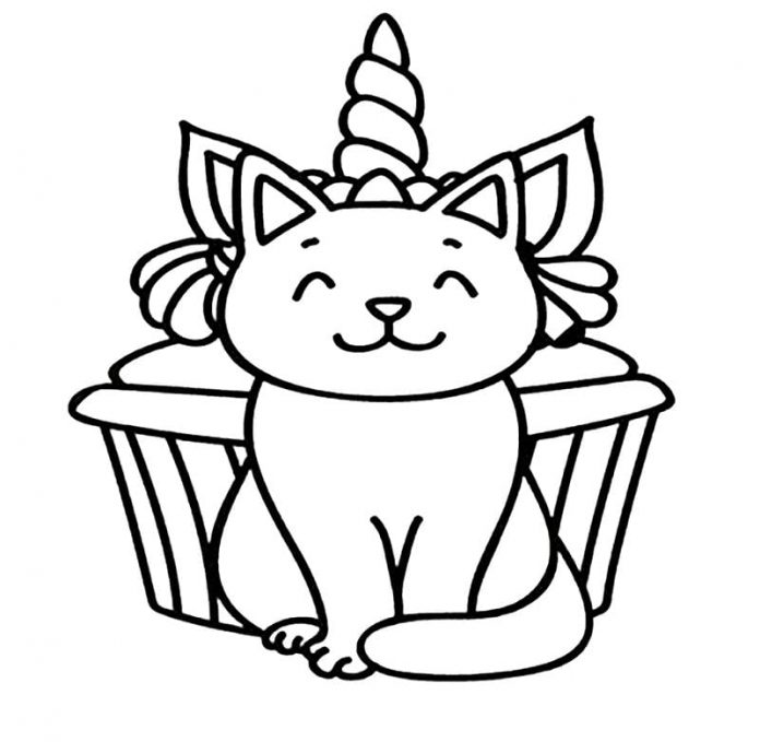 Unicorn Cat coloring book in front of a cupcake printable and online