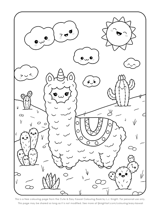Free Cute Kawaii Llama Printable Colouring Page | L.J. Knight