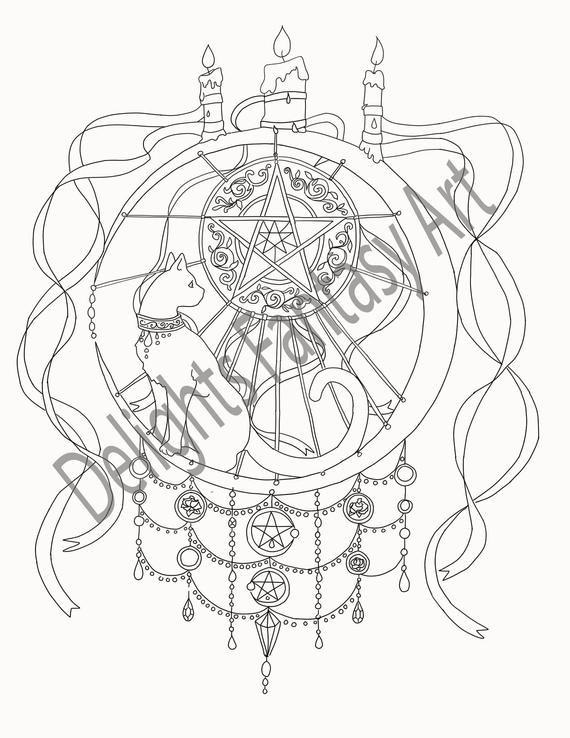 Wiccan Dreams coloring page line drawing black cat | Etsy