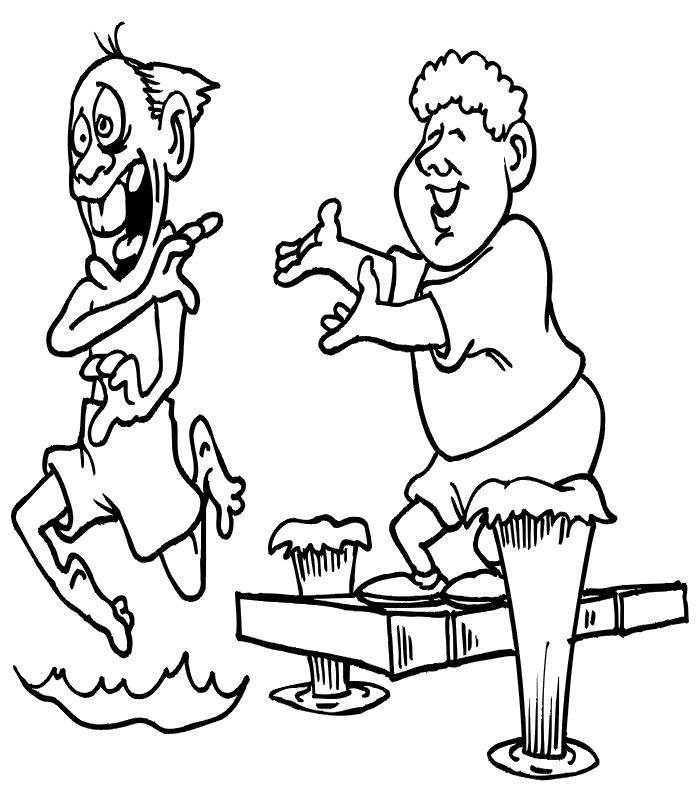 Summer Coloring Page | Older Guy Being Pushed Off Dock