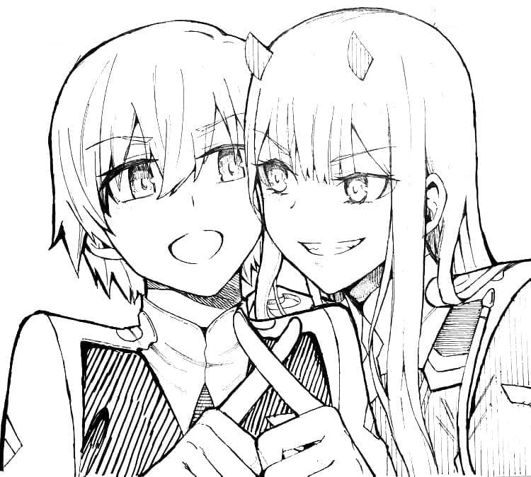 Hiro and Zero Two Coloring Page - Anime Coloring Pages