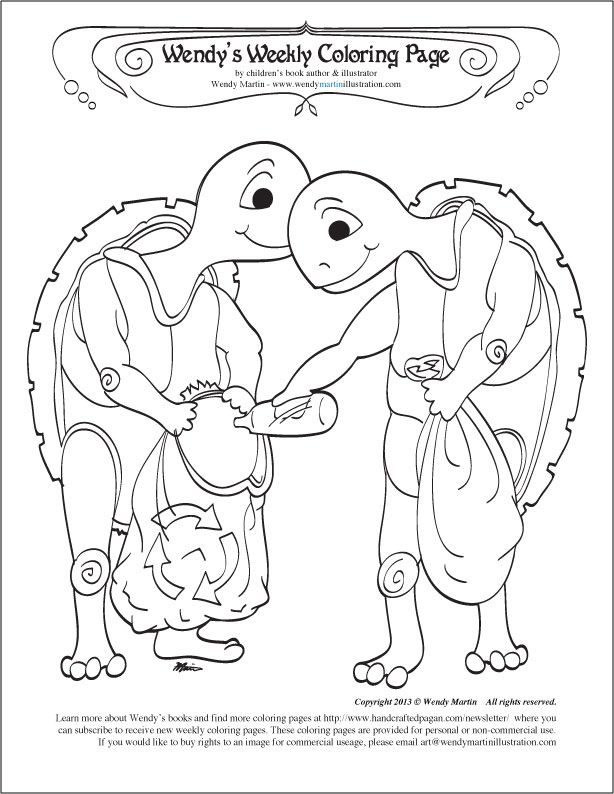 Trash collecting turtles coloring page for Earth Day -