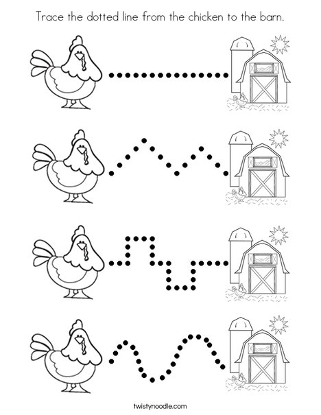 Trace the dotted line from the chicken to the barn Coloring Page - Twisty  Noodle