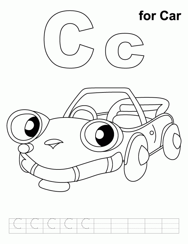 C for car coloring page with handwriting practice | Download Free 
