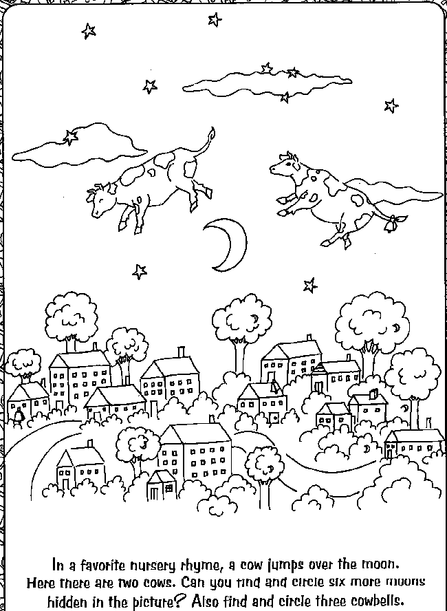 Cows Jumping Over The Moon Hidden Picture Coloring Page - Coloring Nation