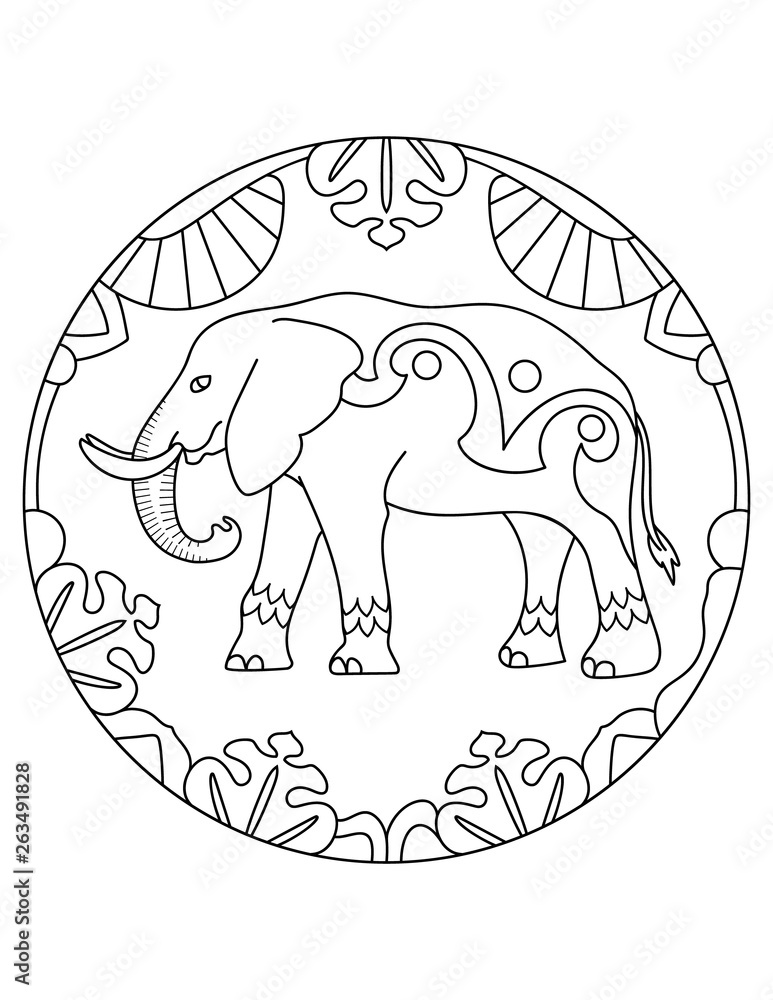 Pattern with elephant. Illustration with an elephant. Mandala with an  animal. Elephant in a circular frame. Coloring page for kids and adults.  Stock Vector | Adobe Stock