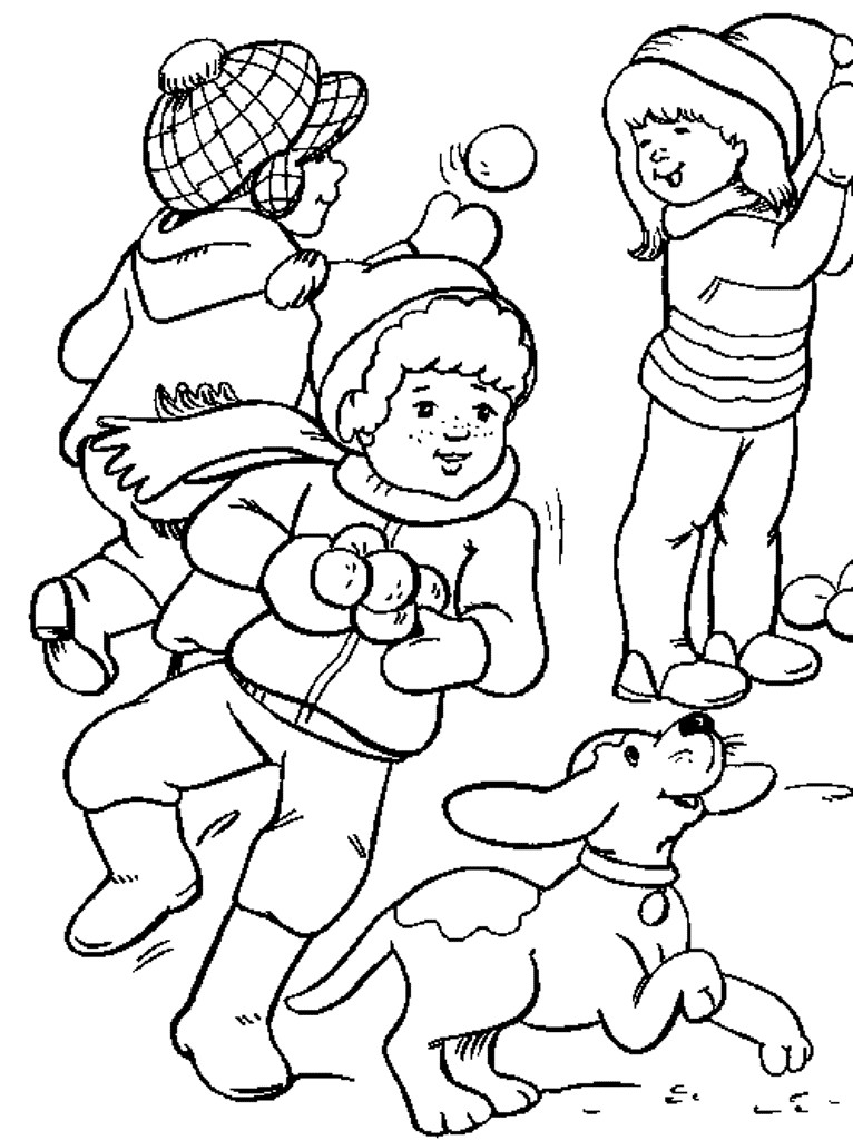 Boy And Dog Playing Snow Winter Coloring Pages For Kids | Winter ...