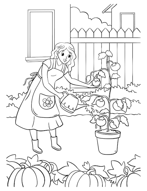 Premium Vector | Gardening coloring page for kids
