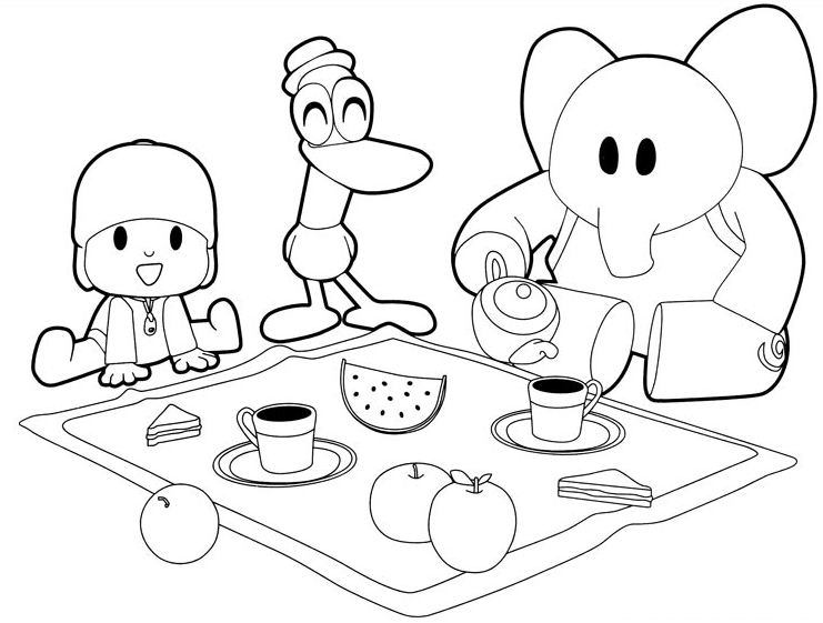 Drawing Pocoyó, Pato and Elly have breakfast coloring page