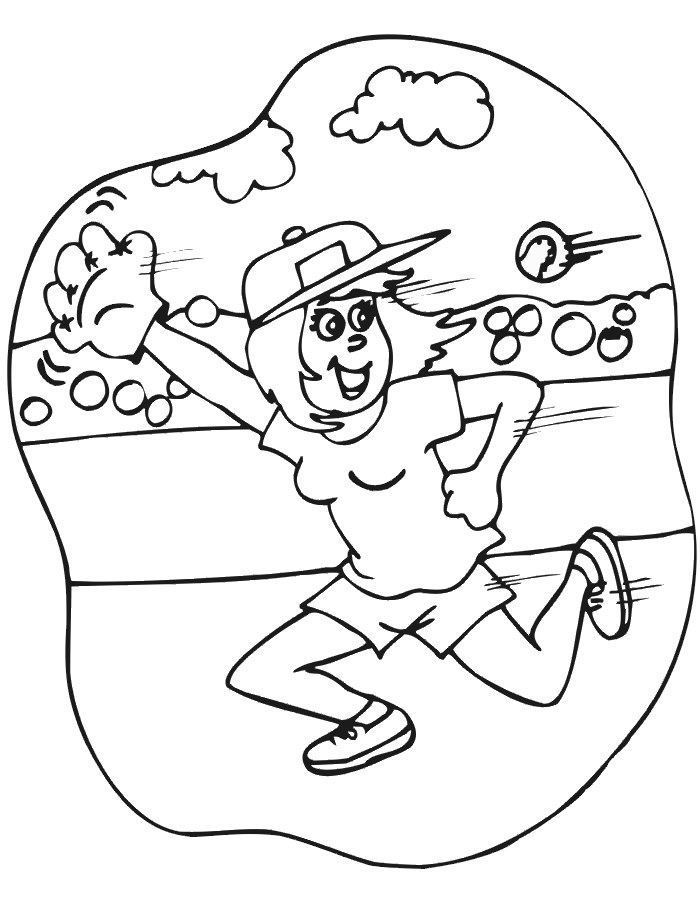 Printable Baseball Coloring Page | Girl Running for Catch