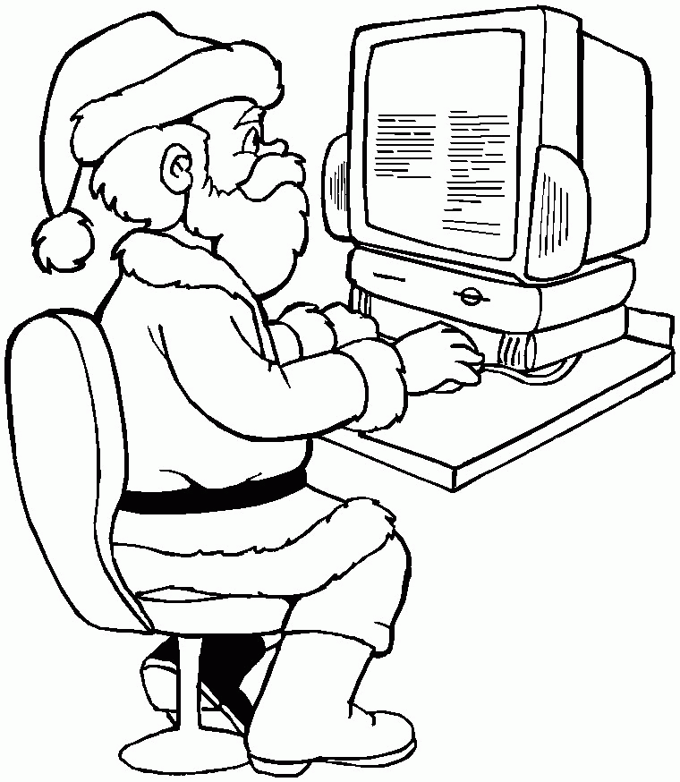 Printable Christmas Coloring Page: Santa with a Computer