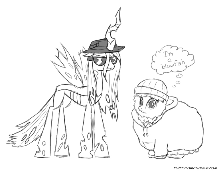 466740 - artist:mixermike622, beanie, breaking bad, changeling, clothes,  cosplay, derpibooru import, dilated pupils, frown, glare, hat, heisenberg,  hoodie, jesse pinkman, looking at you, monochrome, oc, oc:fluffle puff,  queen chrysalis, safe ...