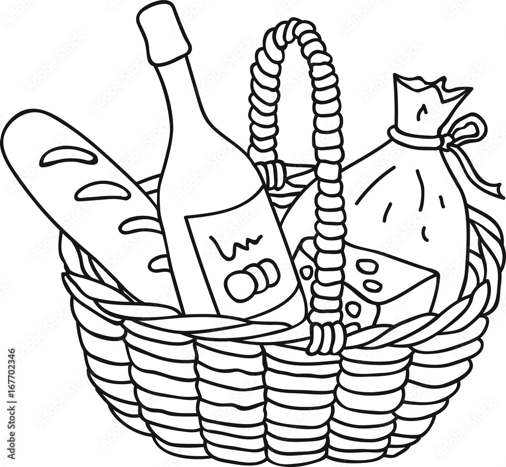 Hand drawn picnic basket with food, wine, cheese, baguette, vector  illustration, coloring page, logo design template Stock Vector | Adobe Stock