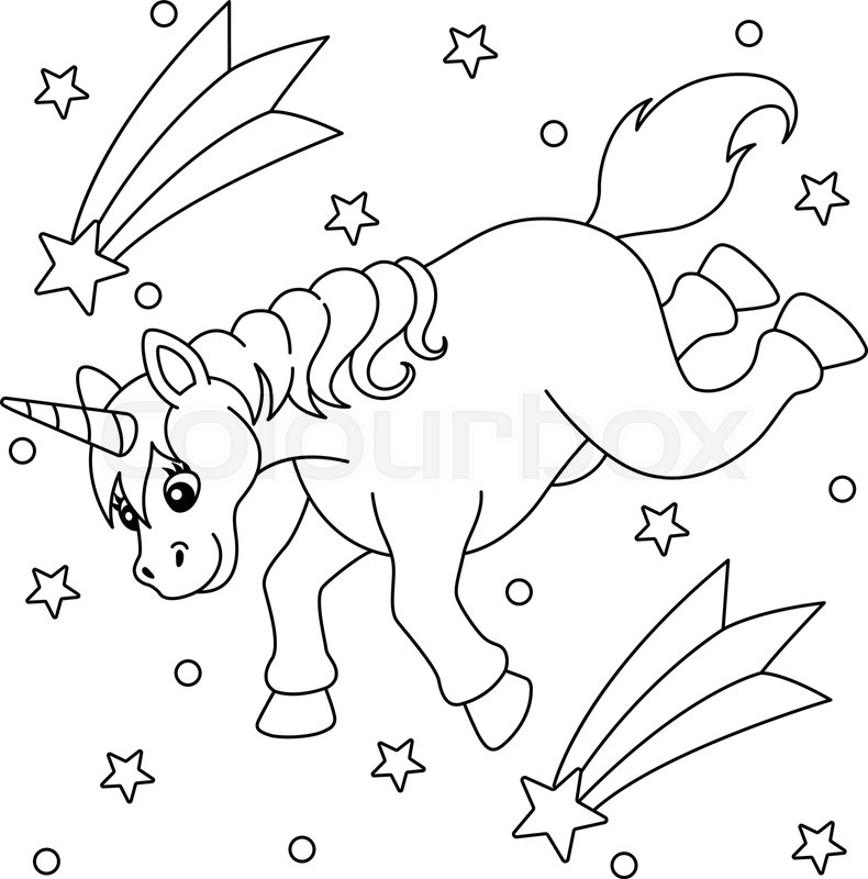 Falling Unicorn And Shooting Star Coloring Page | Stock vector | Colourbox